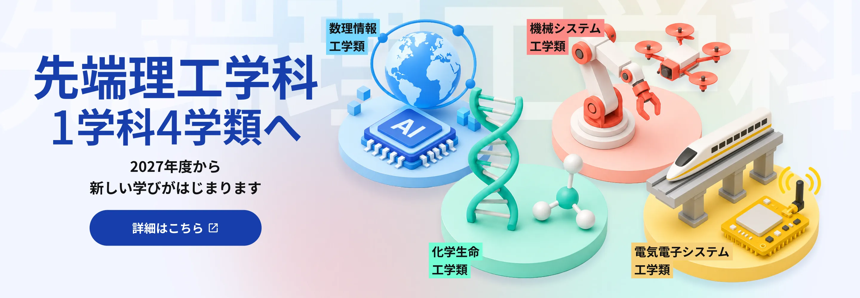 2027年度から新しい学びがはじまります。「先端理工学科（1学科4学類）」の詳細はこちら。